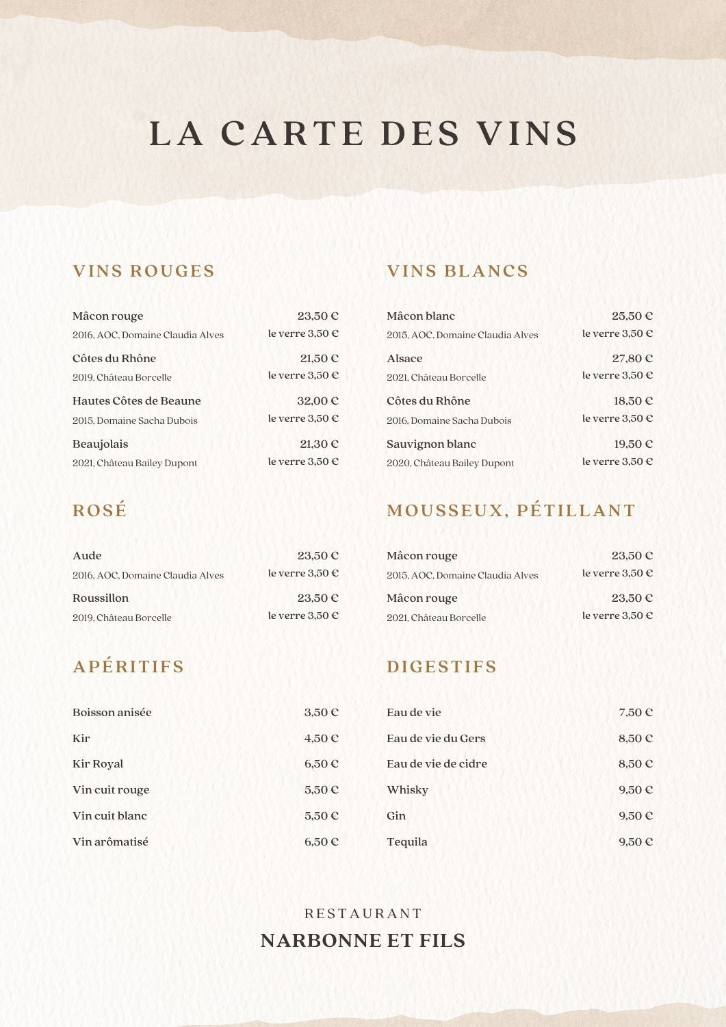 exemple carte des vins restaurant