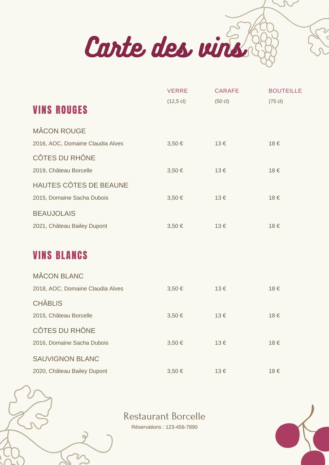 exemple carte des vins restaurant