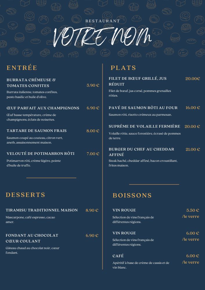 exemple de menu de restaurant français