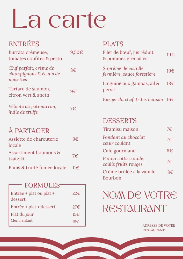 exemple de menu de restaurant français format A4 portrait