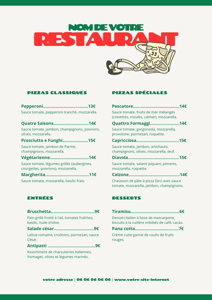 exemple menu pour restaurant italien